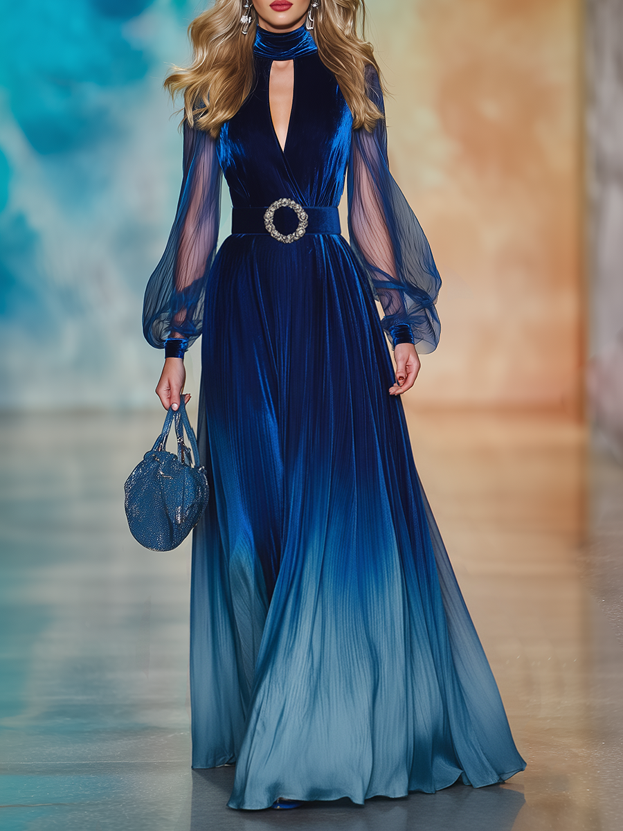 Elegant And Romantic Openwork Collar Sheer Sleeves Gradient Chiffon Maxi Dress