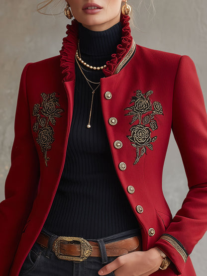 Ruffled Stand-up Collar Single-breasted Rose Embroidered Woolen Jacket