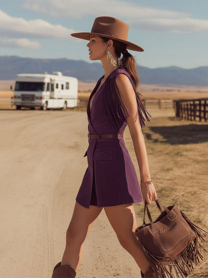 Western Retro Tassel Purple V-Neck Sleeveless Faux Suede Mini Dress