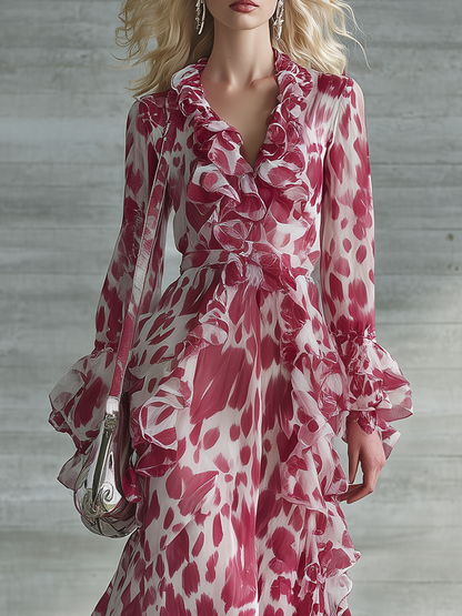 Romantic Bohemian Print Ruffle V-neck Maxi Dress