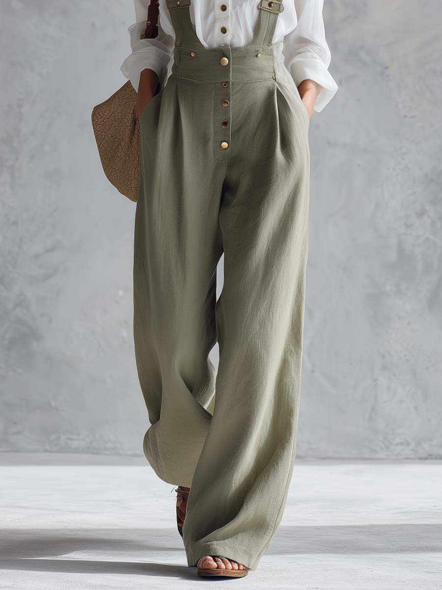Casual Fashionable Versatile Sage Green Cotton And Linen Wide-leg Pants Overalls