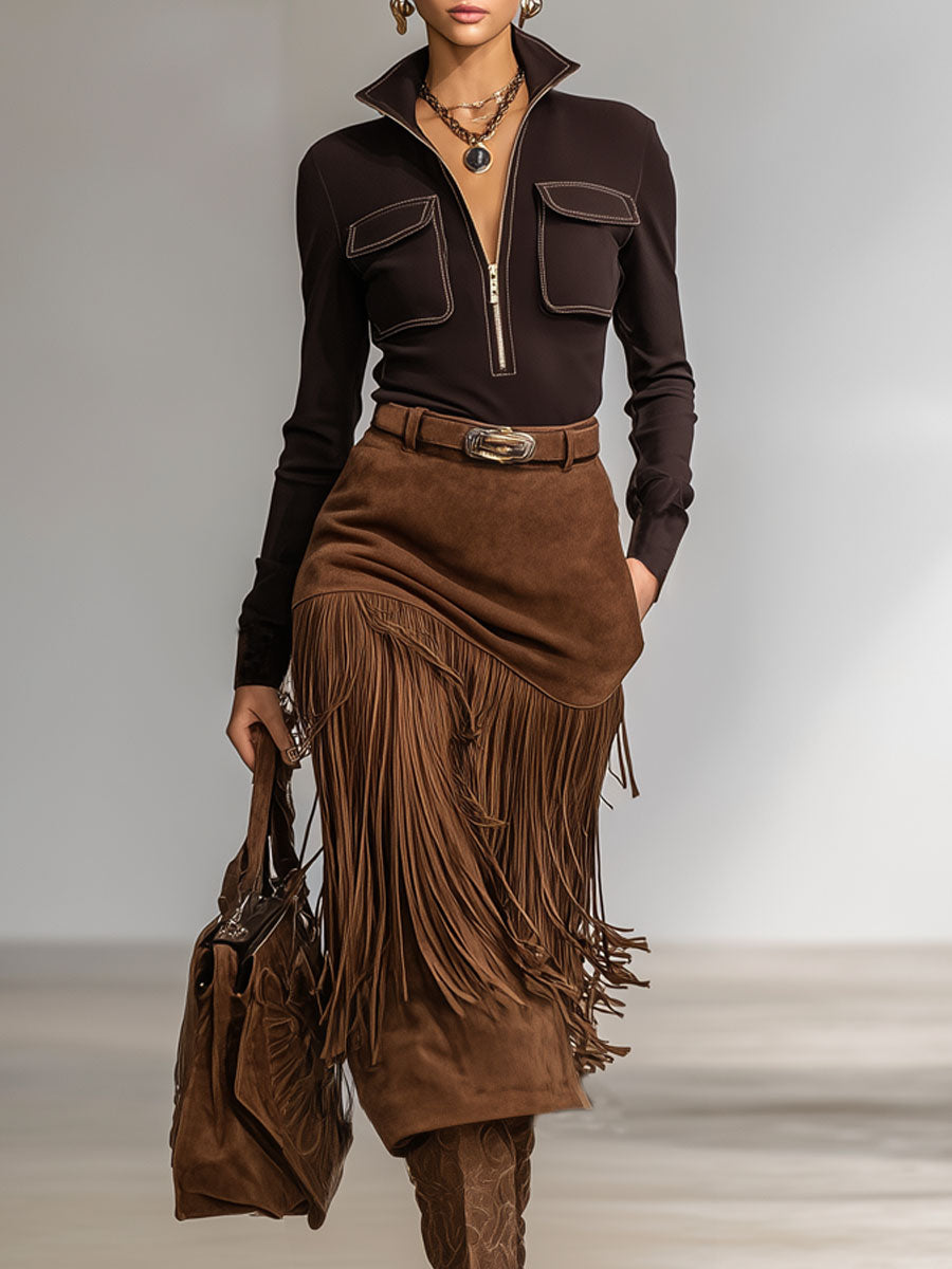 Stand-up Collar Double-pocket Long-sleeved T-shirt And Faux Suede Tassel Skirt Set