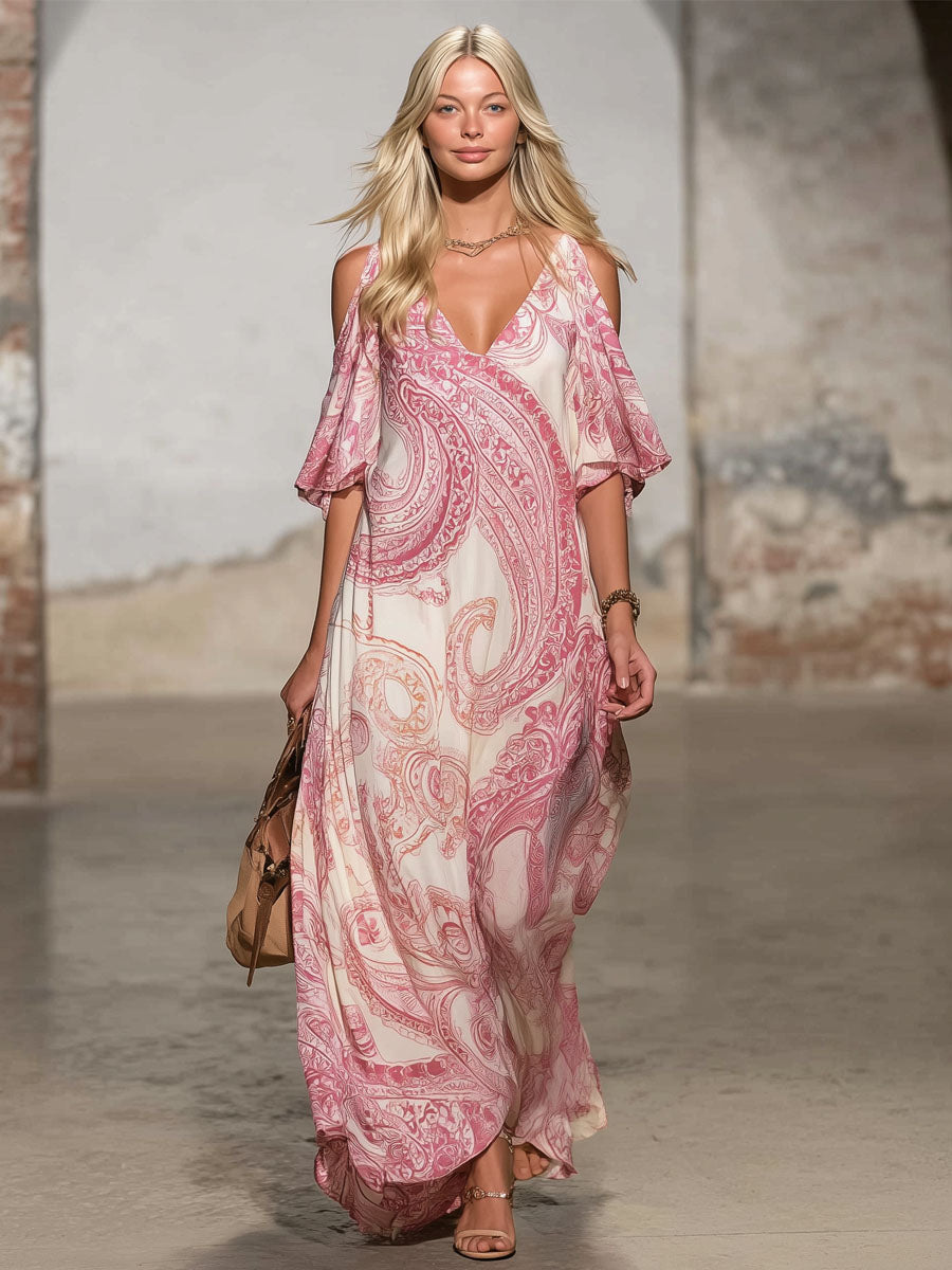 V-neck Paisley Print Cold Shoulder Chiffon Short-sleeved Maxi Dress