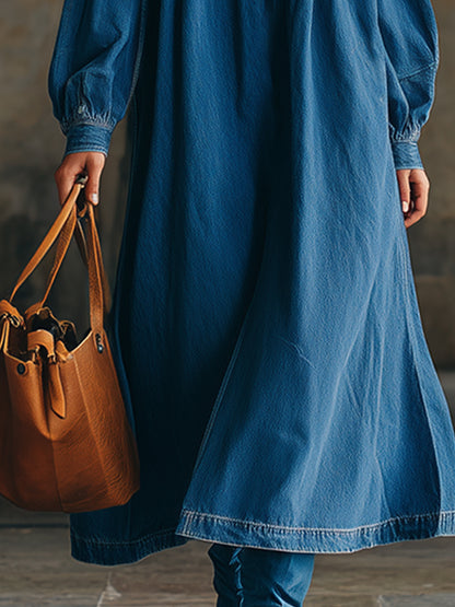 Chic Urban Silhouette Blue Denim Off-shoulder Long-sleeved Maxi Dress