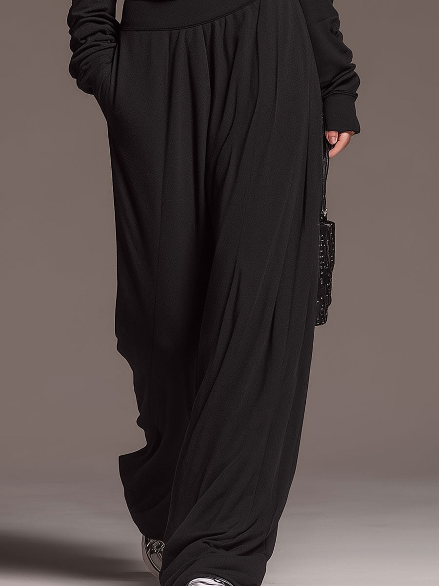 Stylish Sporty Black Halter Neck V-neck Long-sleeved Off-shoulder Top And Pants Set