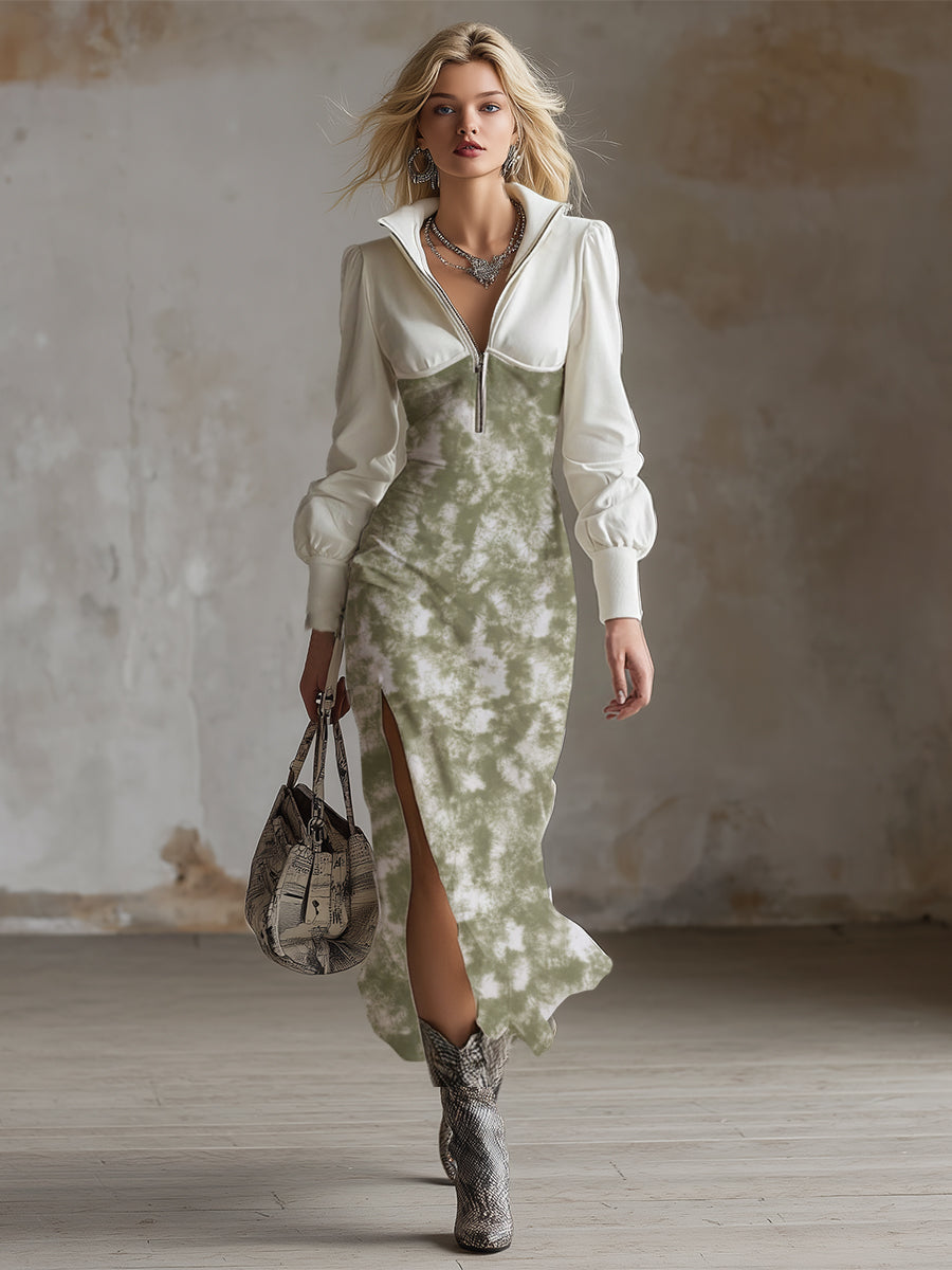 Elegant Sporty Green Tie-dye Half-zip Midi Dress