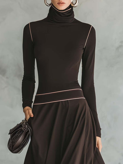 Retro Elegant Versatile High-necked Pink Trim Dark Brown Stretch Cotton Maxi Dress