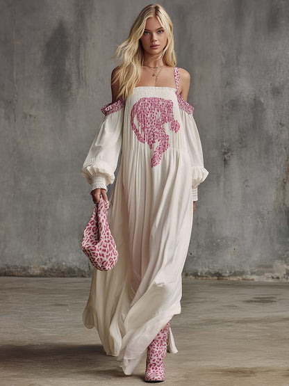Retro Fashion Flowing Strappy Off-shoulder Leopard Print Shirred Cream Chiffon Maxi Dress