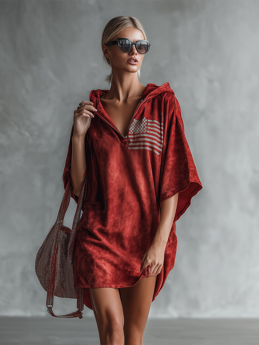 Retro Casual Flag Print Red Faux Suede Hooded Mini Dress