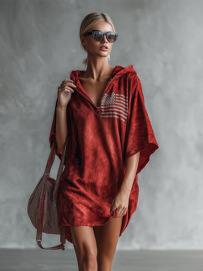 Retro Casual Flag Print Red Faux Suede Hooded Mini Dress