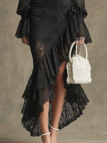 Fashionable Retro Long-sleeved Black Lace Ruffled Slit Maxi Dress