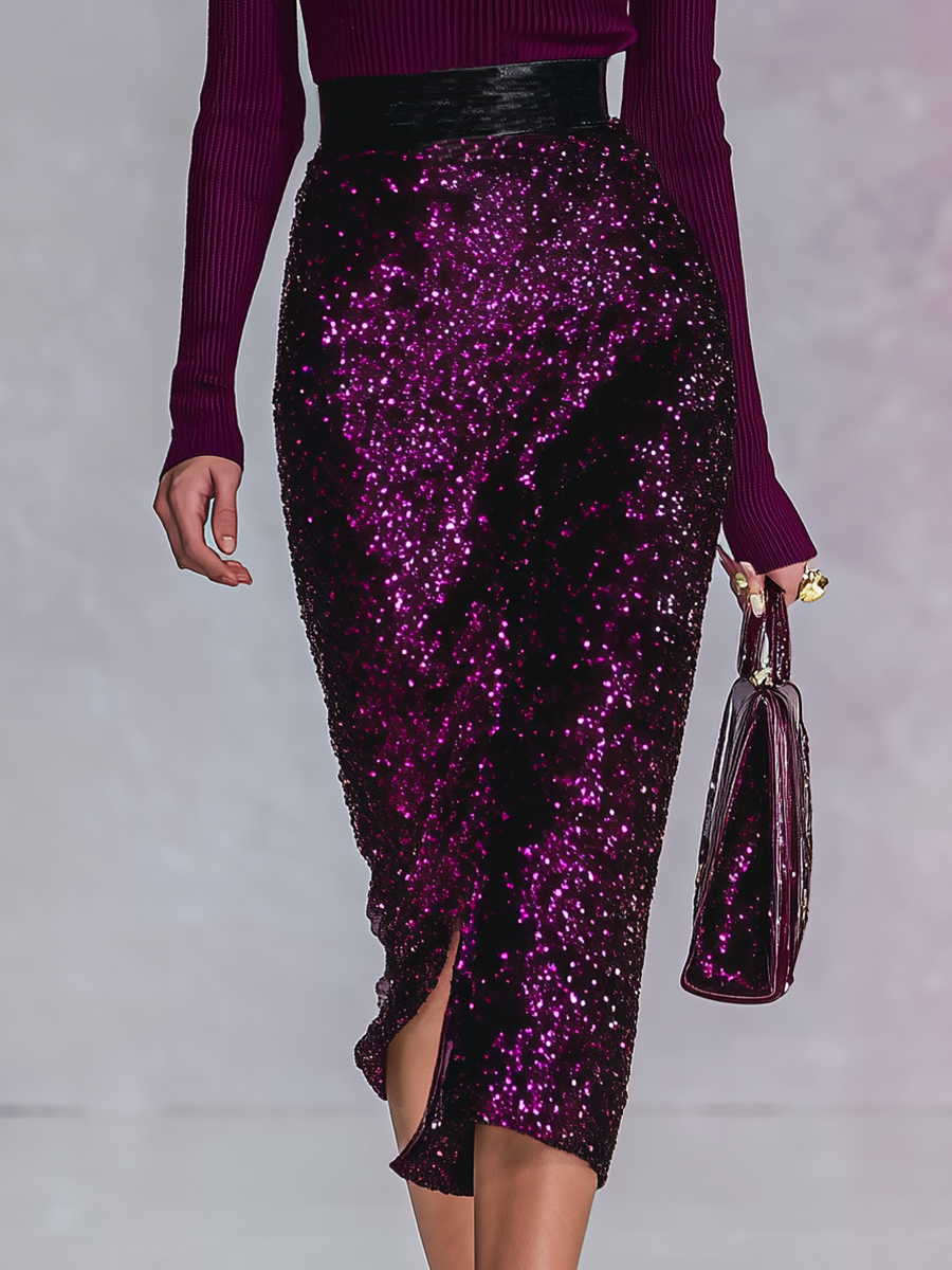 Elegant Sexy Off-shoulder Knit Ribbed Sequined Midi Dress