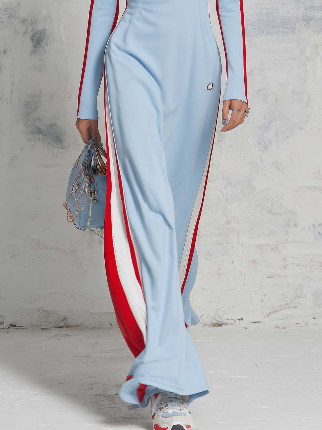 Retro Sporty Style Stand Collar Front Button Light Blue Cotton Maxi Dress