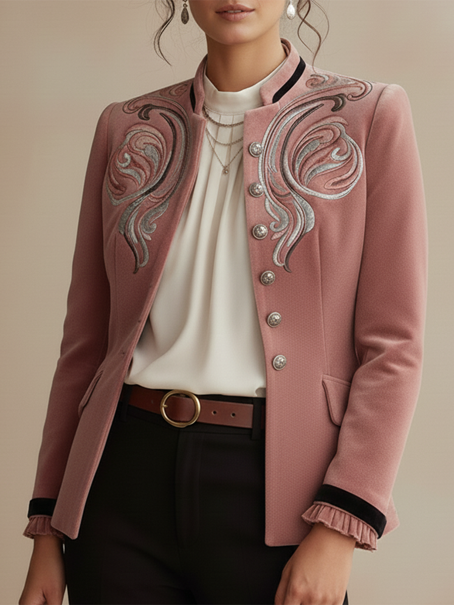 Retro Western-style Stand-up Collar Embroidered Pink Velvet Jacket