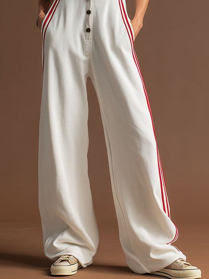 Sporty Retro Red Ribbon White Cotton Sleeveless Jumpsuit