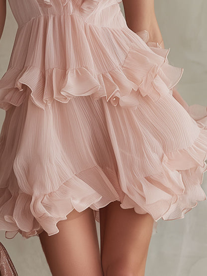 Stylish And Elegant Pink Sleeveless Ruffled Chiffon Mini Dress