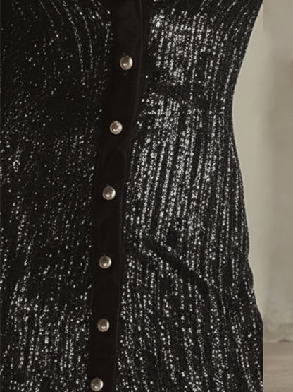 Elegant And Sexy Party Black Sequined Front Button Maxi Dress