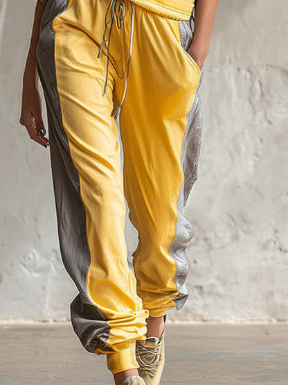 Casual Sports Color-blocked Yellow T-shirt And Pants Set