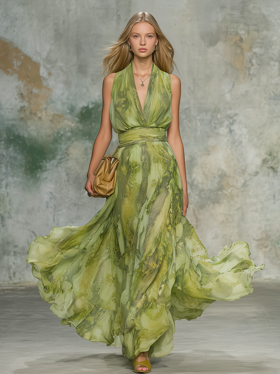 Vintage And Elegant Snake Print Chiffon Maxi Dress