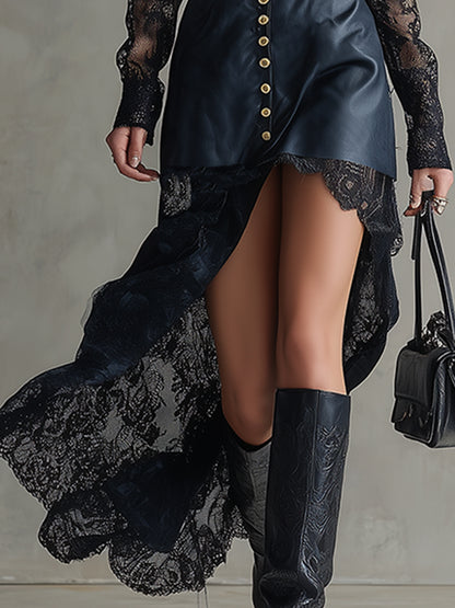 Retro Sexy Blue-black Faux Leather Lace Long-sleeved Maxi Dress