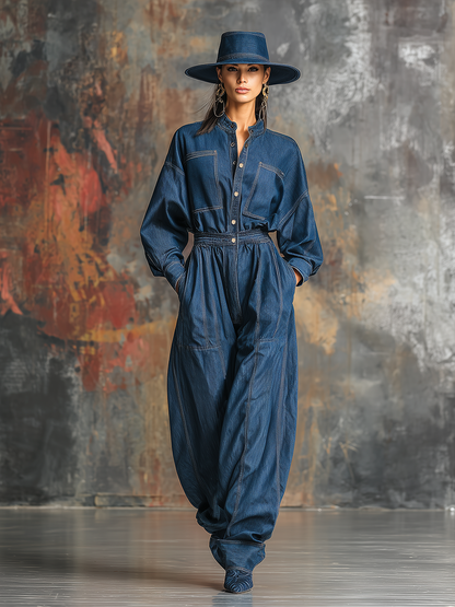 Retro Workwear Stand-up Collar Loose Denim Jumpsuit