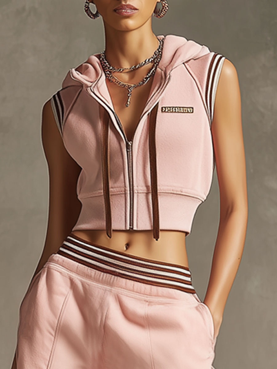 Retro Sporty Pink Cotton Hooded Vest And Wide-leg Pants Set