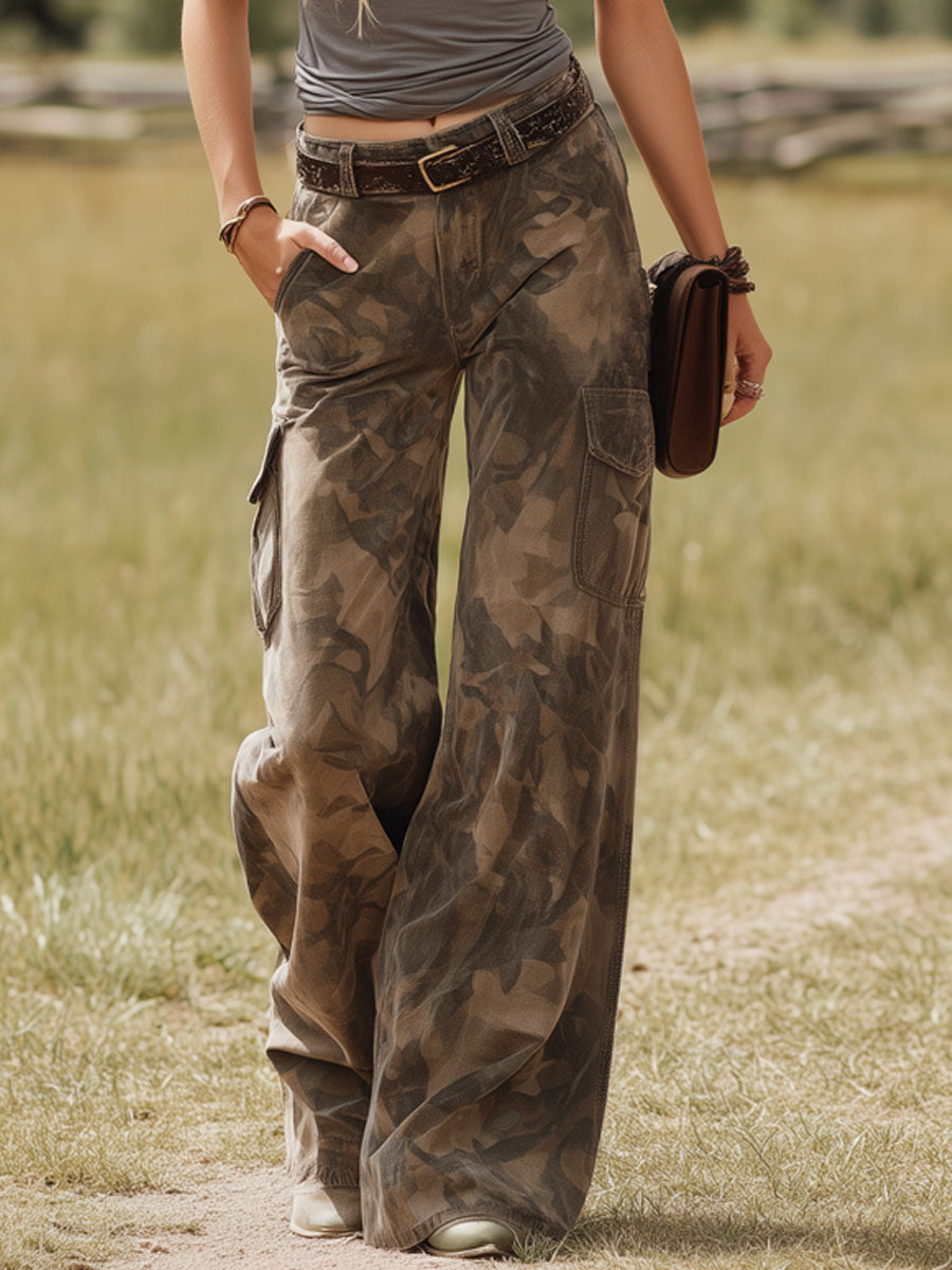 Western-style Camouflage Print Multi-pocket Pants