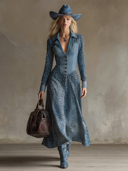 Elegant And Stylish Blue Leopard Print Denim Maxi Dress