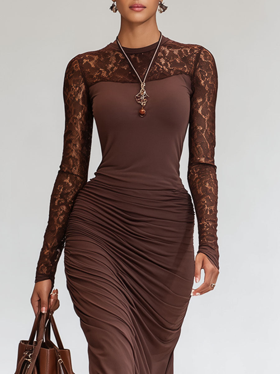 Round Neck Lace Patchwork Long Sleeve Maxi Dress
