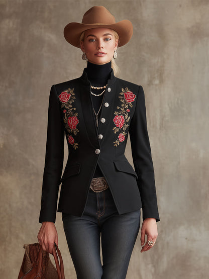 Stand Collar Single-breasted Rose Embroidered Woolen Blazer