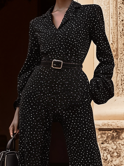 Fashion Retro Belt V-neck Small Polka Dot Long Sleeve Pocket Wide Leg Jumpsuit