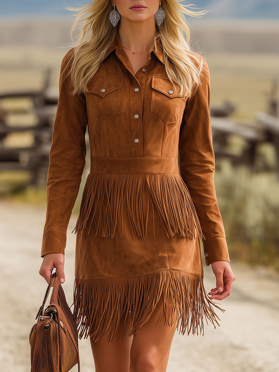 Western-style Vintage Brown Fringed Faux Suede Mini Dress