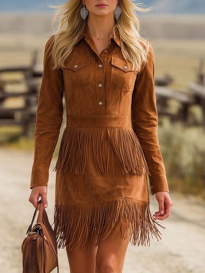Western-style Vintage Brown Fringed Faux Suede Mini Dress