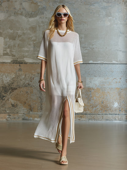 Casual Sporty Striped-trim White Mesh Split-hem Short-sleeved Midi Dress