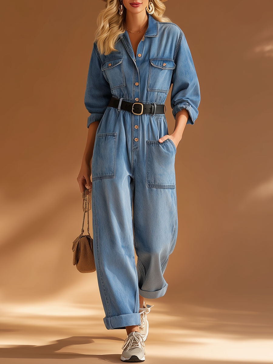 Casual Retro Lapel Button-up Blue Denim Long-sleeved Jumpsuit