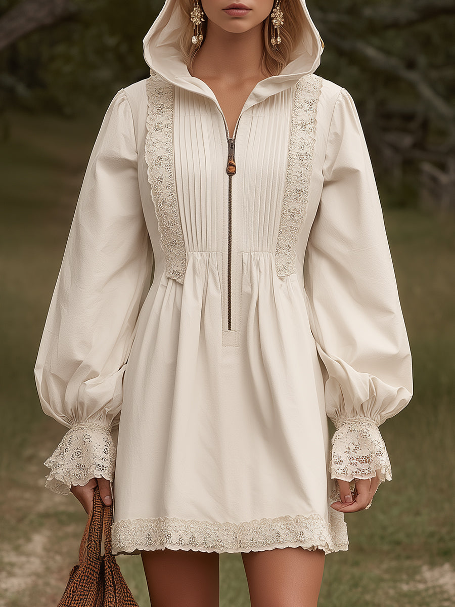 Stylish White Pleated With Partial Lace Detail And Half-zip Closure  Mini Dress