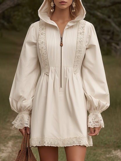 Stylish White Pleated With Partial Lace Detail And Half-zip Closure  Mini Dress