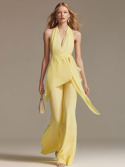 Stylish And Elegant Yellow Sleeveless Halter Neck Chiffon Top And Pants Set