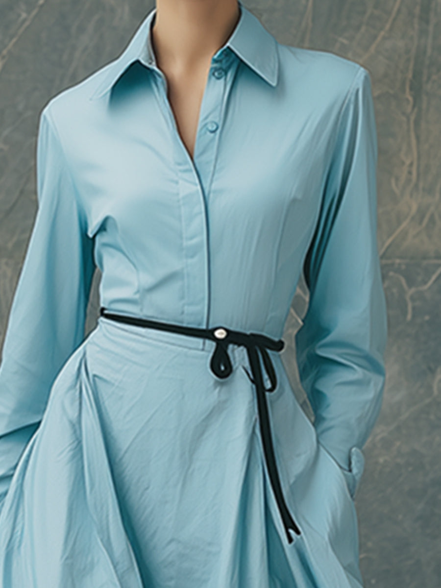Elegant And Classic Blue Collared Shirt Maxi Dress