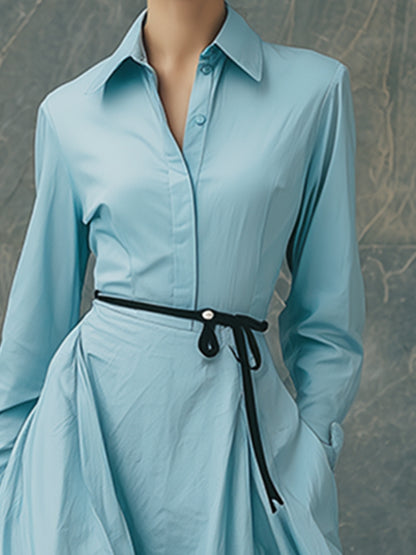 Elegant And Classic Blue Collared Shirt Maxi Dress
