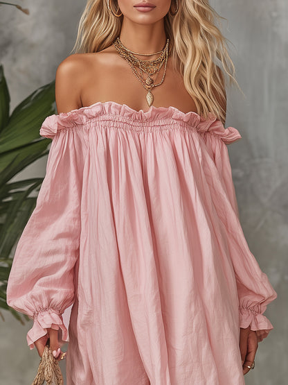 Elegant Vacation Off-the-shoulder Long Sleeve Side Slit Cotton And Linen Maxi Dress