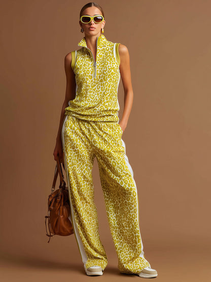 Sporty Retro Yellow Leopard Print Velvet Half-Zip Sleeveless Top And Wide-Leg Pants Set