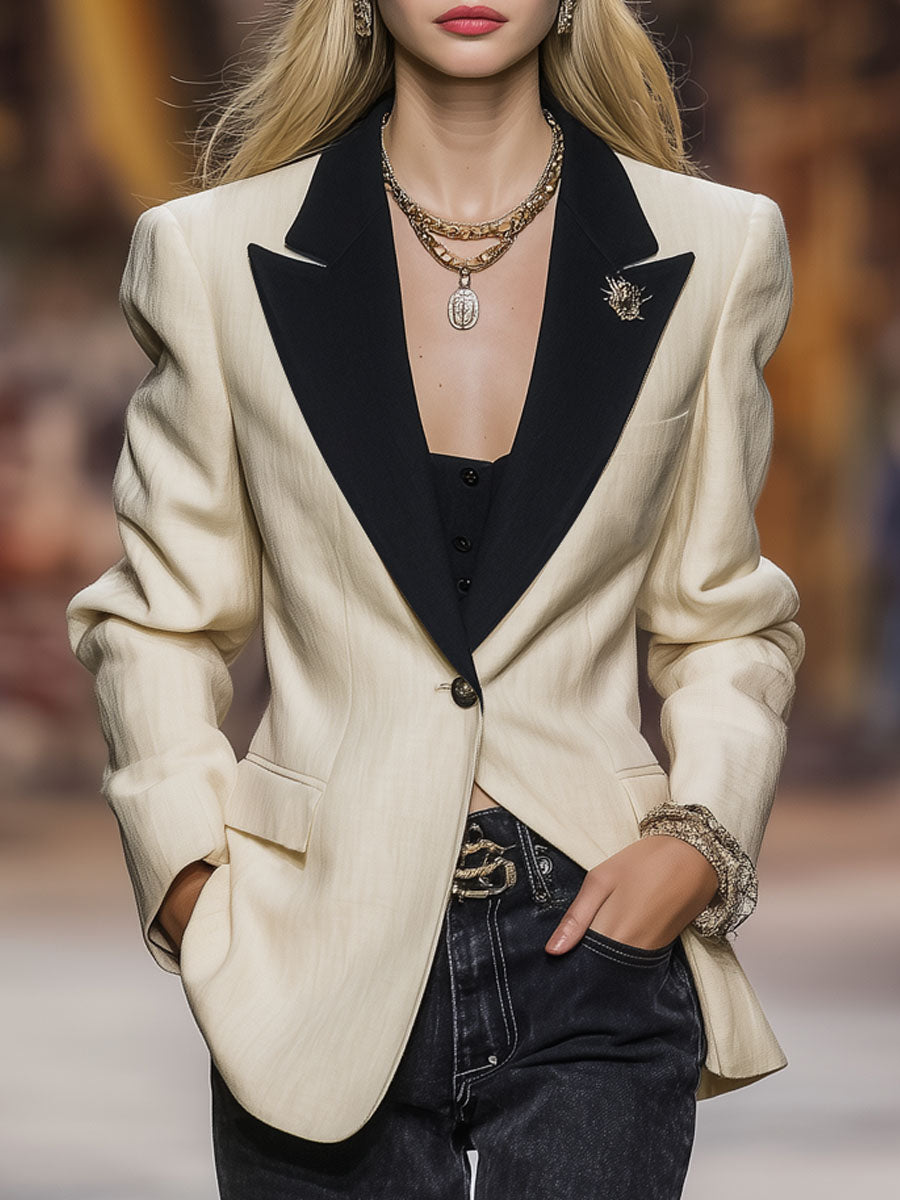 Color-blocked Casual Single-button Blazer