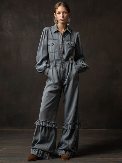 Casual Retro Gray-blue Denim Long-sleeved Ruffled Wide-leg Jumpsuit