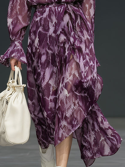 Fashionable Retro Purple Snakeskin Chiffon Long-sleeved Irregular Midi Dress