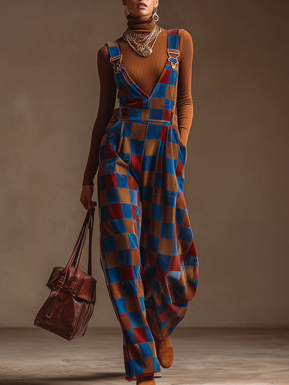 Retro Blue-brown Checkered Wide-leg Overalls