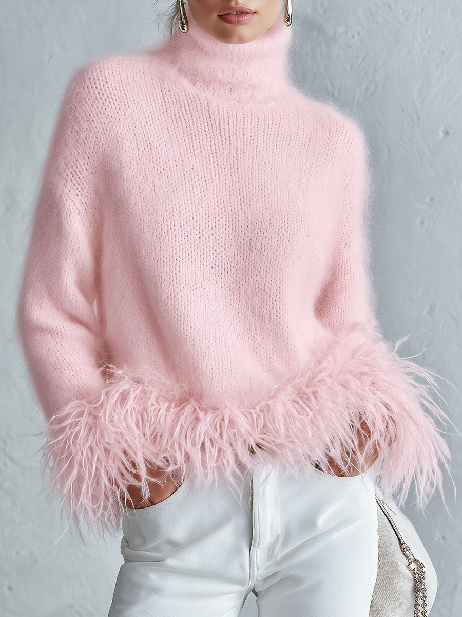 Classic Down-Proof Hem White Mohair Turtleneck Sweater