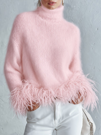 Classic Down-Proof Hem White Mohair Turtleneck Sweater