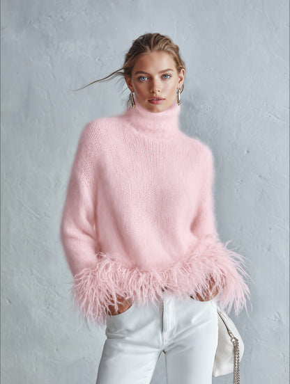 Classic Down-Proof Hem White Mohair Turtleneck Sweater