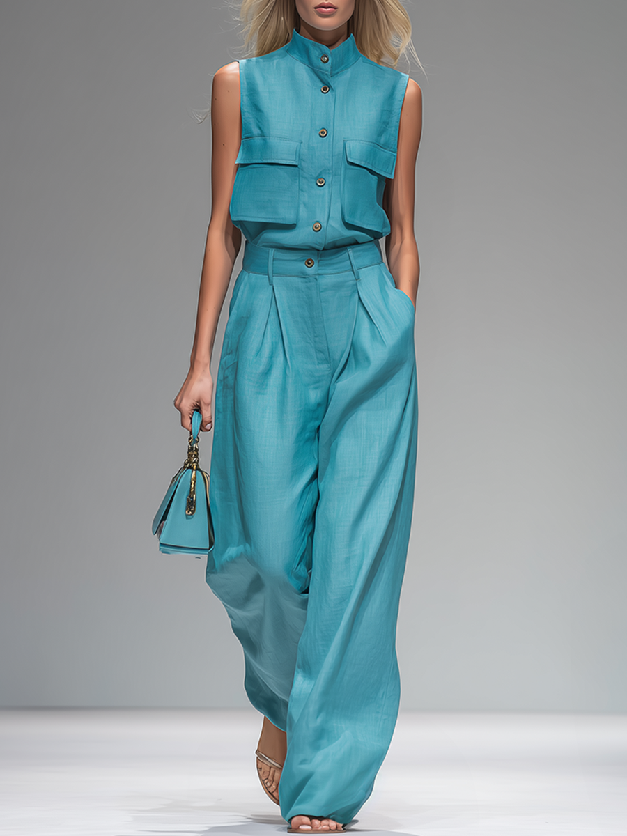 Retro-style Stand-up Collar Sleeveless And Linen-style Trousers Set
